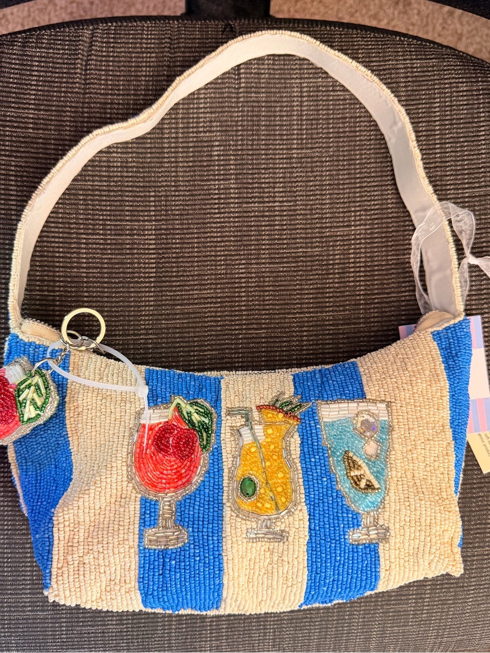 India Boutique Beaded Stripe Shoulder Bag in Blue & Cream with Cocktail Motifs
